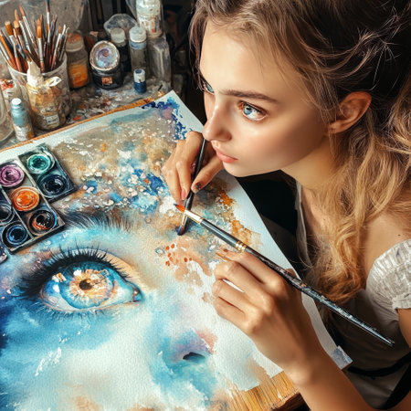 Beautiful young woman artist painting a picture in her studio. Beauty, fashion.の素材