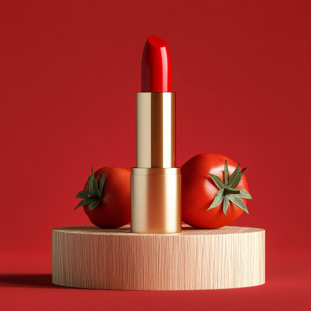 Lipstick and tomatoes on a podium. 3d rendering.の素材