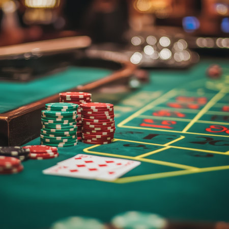 casino, gambling, entertainment and people concept - close up of roulette table with chips and cardsの素材