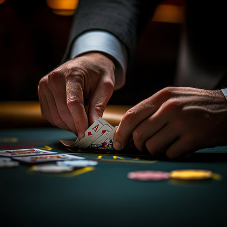 Man playing poker at the table in a casino. Close-up.の素材