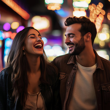 Beautiful young couple having fun in the city at night time.の素材