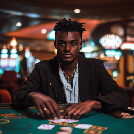 Young african american man playing poker at the casino. Portrait of young black man.の素材