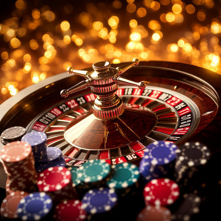 Casino roulette wheel with chips and cards on bokeh backgroundの素材