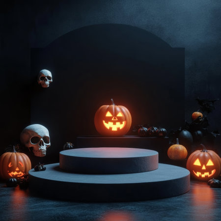 Halloween scene with pumpkins on dark background. 3d renderの素材