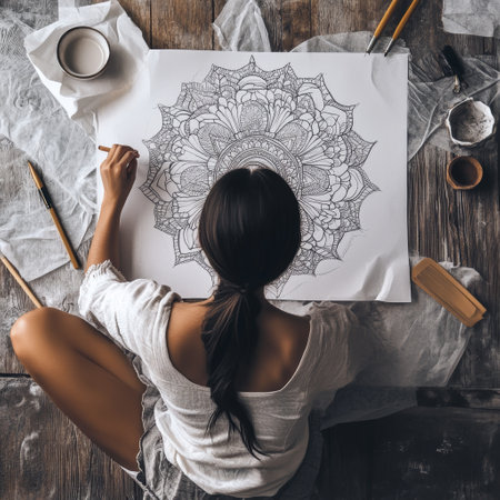 Top view of young woman drawing mandala on canvas with pencils at tableの素材