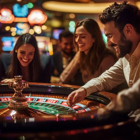 Group of young people playing roulette in casino. Selective focus.の素材
