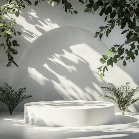 Minimal scene with white podium and green leaves. 3D renderingの素材