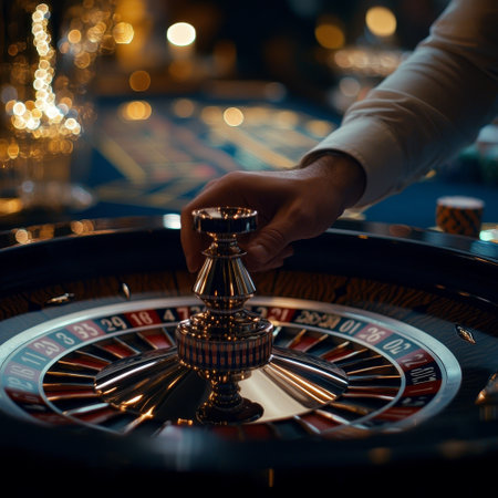 Man playing roulette in casino. Close-up of male hand with roulette wheel.の素材
