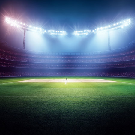 stadium with floodlights and lights at night 3d render illustrationの素材