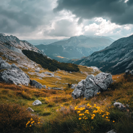 Mountain landscape in the Alps. Dramatic overcast sky.の素材