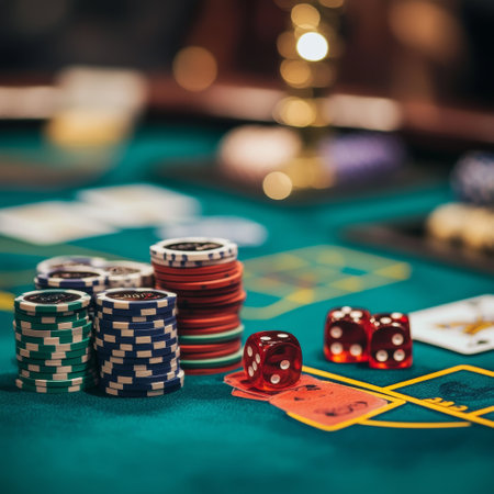 Casino gambling chips and cards on green table in casino. Gambling conceptの素材