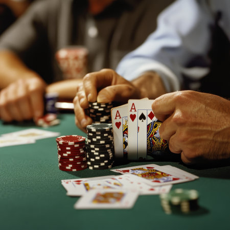 casino, gambling, entertainment and people concept - close up of poker players with playing cards and chips at green casino tableの素材