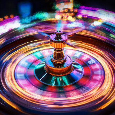 Colorful spinning spinning wheel in motion at night, close-upの素材