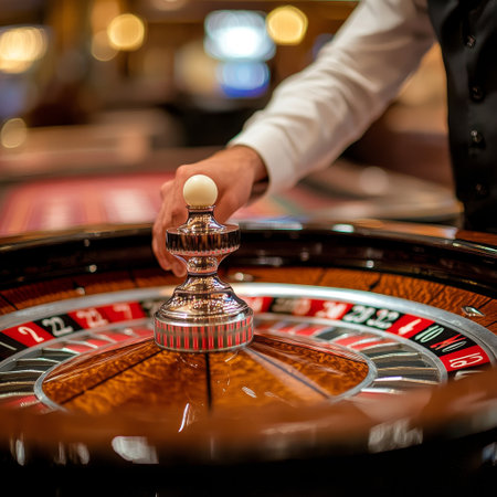 casino, gambling, people and entertainment concept - close up of man playing roulette at casinoの素材