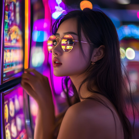 Portrait of beautiful asian woman playing slot machine in casino.の素材