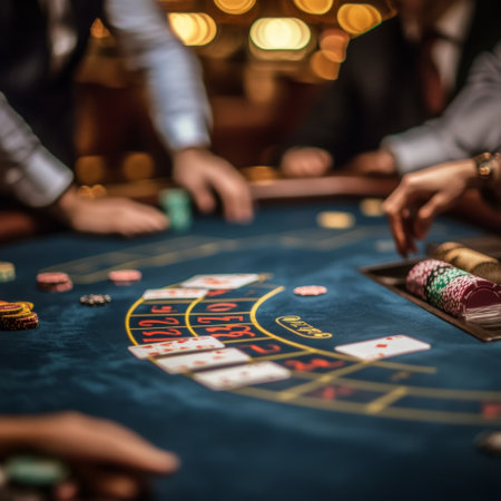 Croupier in casino. Close-up of a table with chips and cards.の素材