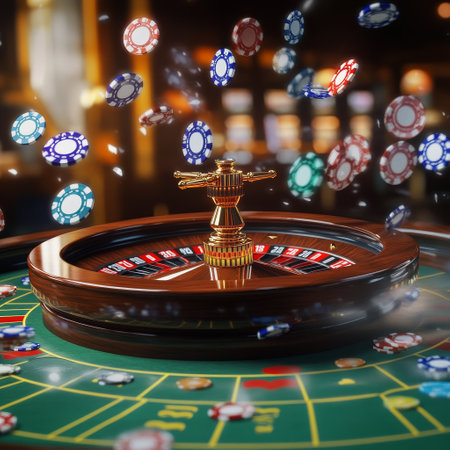 Casino roulette wheel and chips on green table. 3d renderingの素材