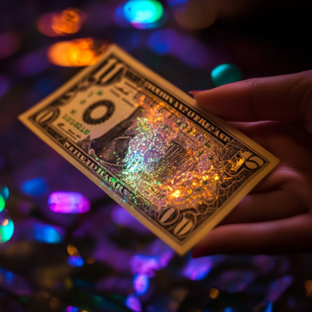 Hands holding one dollar banknote on colorful bokeh backgroundの素材