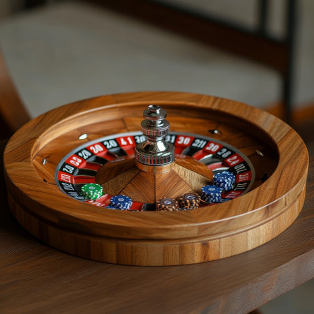 Casino roulette wheel with chips and dice on wooden table.の素材