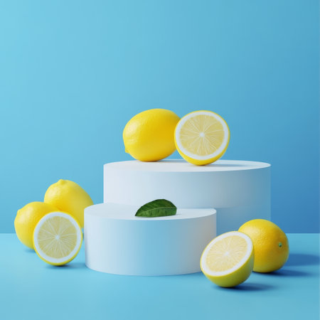 Lemon, mint and white podium on blue background. 3d renderの素材