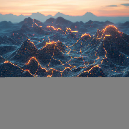 Futuristic 3D wireframe landscape with mountains and sun at sunriseの素材