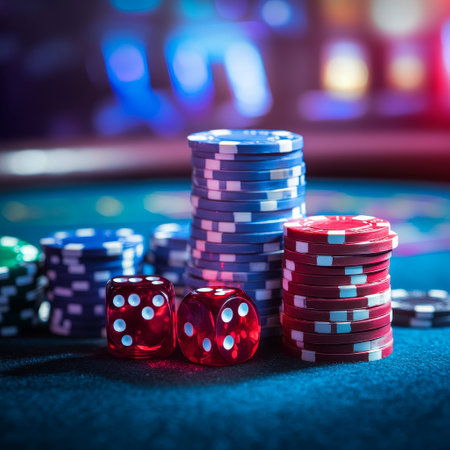 casino, gambling, entertainment and people concept - close up of casino chips and dices on green tableの素材