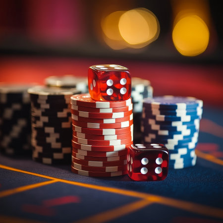 Casino chips and dices on the table. Selective focus.の素材