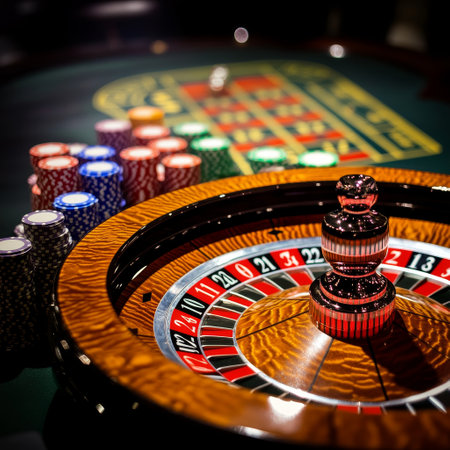 Casino roulette wheel and chips on the table. Casino concept.の素材