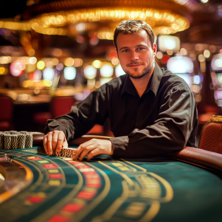 Casino, gambling, people and entertainment concept - young man playing roulette in casinoの素材