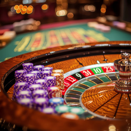 Casino roulette wheel and chips on a table in a casinoの素材