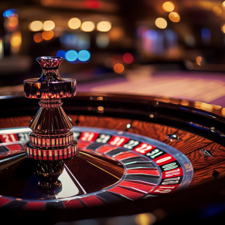 Casino roulette wheel in casino. Blurred background with bokehの素材