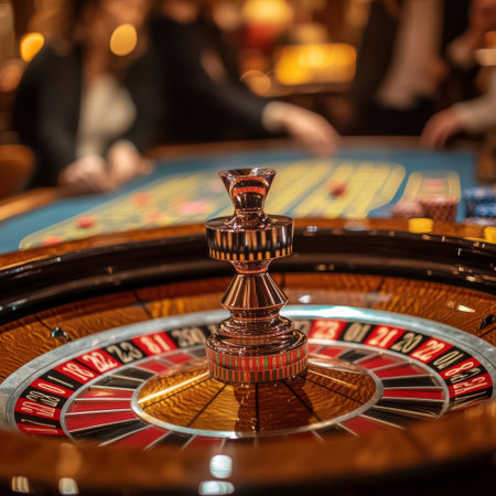 Casino roulette wheel on table in casino. Gambling concept.の素材
