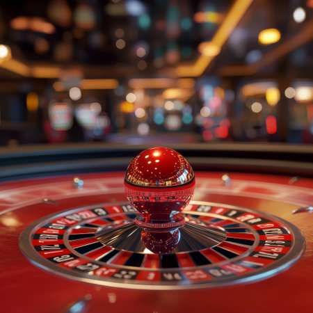 Casino roulette wheel with red ball in casino. 3d renderingの素材