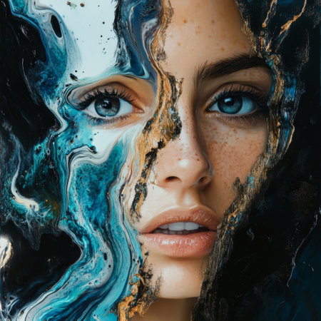 Beautiful young woman face with blue and yellow paint splash. Studio shot.の素材