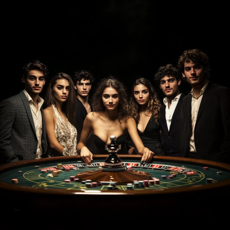 Group of young people playing roulette at the casino. Black background.の素材