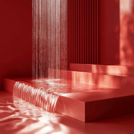 3d rendering of a red podium on the floor with a patternの素材