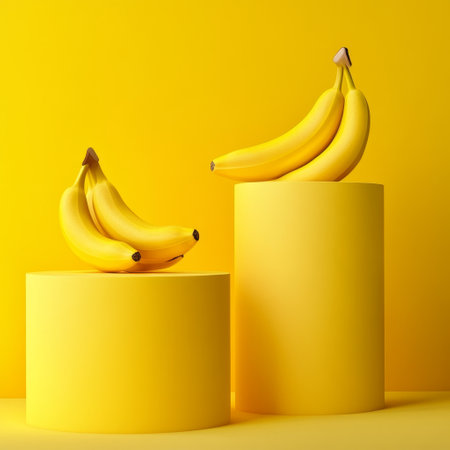 Minimal abstract background with yellow podiums and bananas. 3d renderの素材