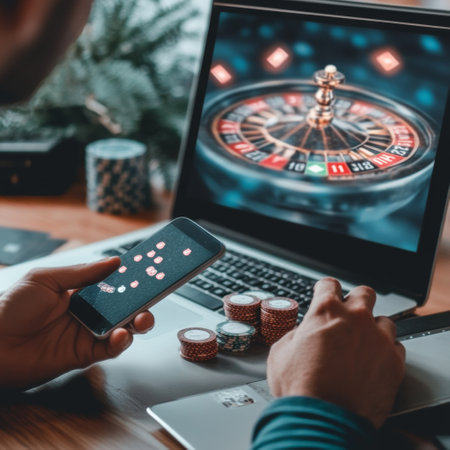 Man playing online roulette game on laptop. Online casino concept. Gambling.の素材