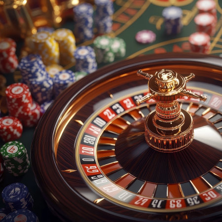 Casino roulette wheel with chips and cards. 3d renderingの素材
