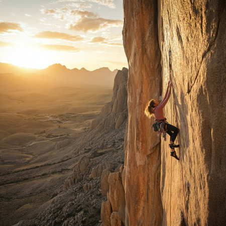 Rock climber on the background of the sunset in the mountains.の素材