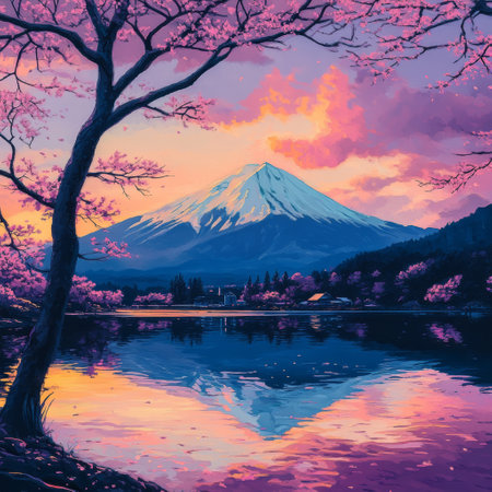 Mt Fuji and Cherry Blossom at Kawaguchiko lake, Japan.の素材