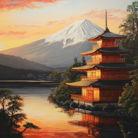 Pagoda and Fuji mountain at sunset in winter season, Japanの素材