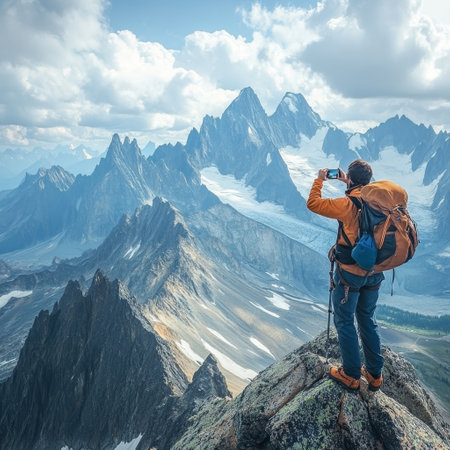Hike in the mountains. A man with a backpack and a camera takes pictures of the landscape.の素材