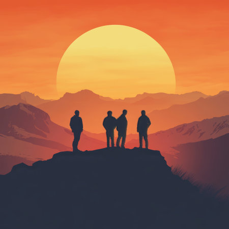 Silhouette of a group of people standing on top of a mountain at sunsetの素材