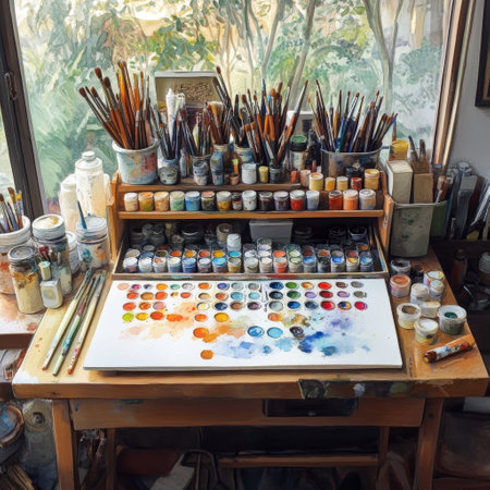 Paintbrushes and paints on a table in the artist's studioの素材