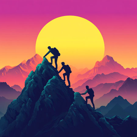 Silhouettes of people climbing on the mountain. Vector illustration.の素材