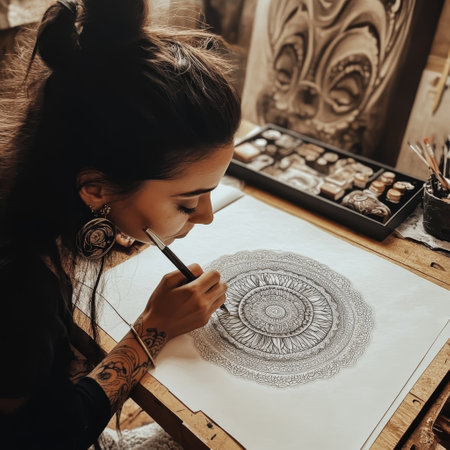 Beautiful young woman artist draws a pattern on the canvas with a brushの素材