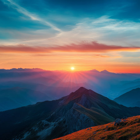 Majestic sunset in the mountains landscape. Dramatic sky. Carpathian, Ukraine, Europe. Beauty world.の素材