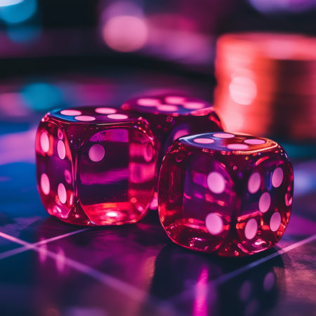 Red dices on casino table. Casino concept. Selective focus.の素材