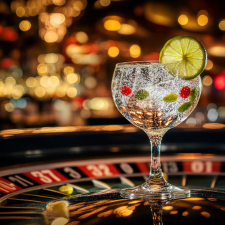 Casino roulette with a slice of lime in a glass.の素材